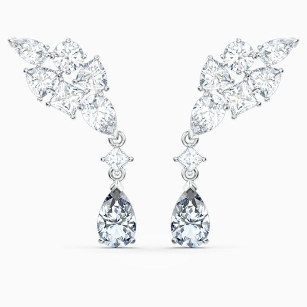 TENNIS DELUXE CLUSTER MIXED PIERCED EARRINGS, WHITE, RHODIUM