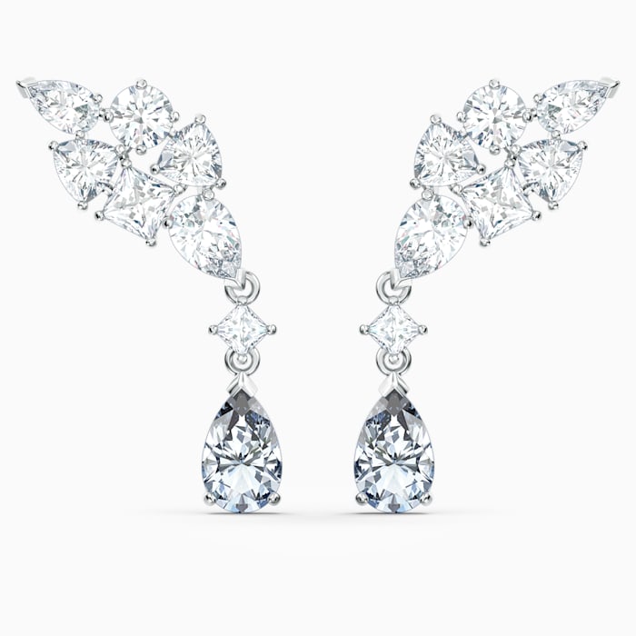 TENNIS DELUXE CLUSTER MIXED PIERCED EARRINGS, WHITE, RHODIUM